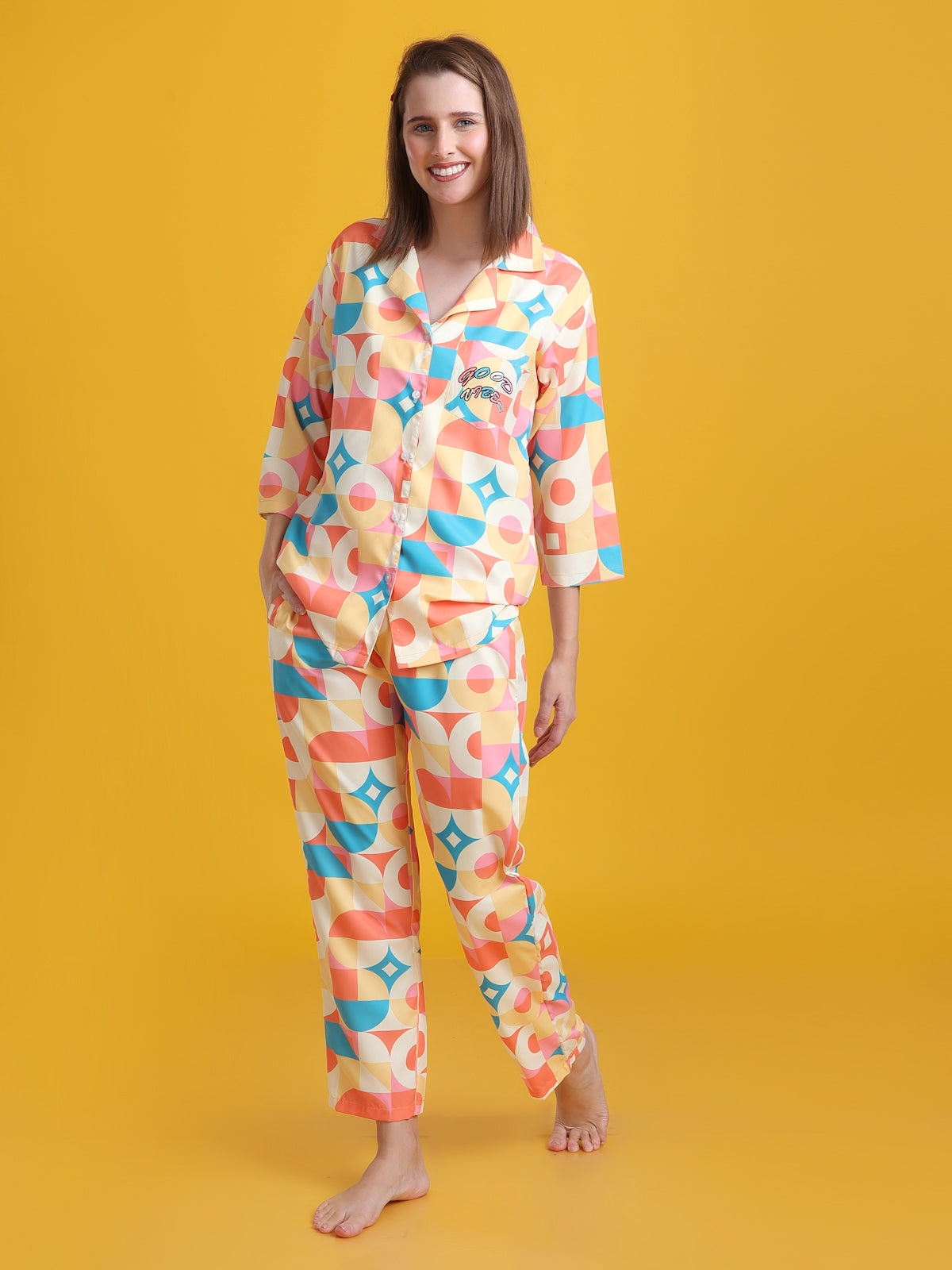 (BOGO) Sunshine Back Printed Blue Pyjama Set With Free Scrunchies