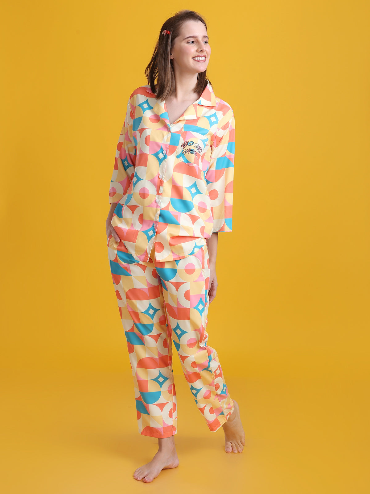(BOGO) Sunshine Back Printed Blue Pyjama Set With Free Scrunchies