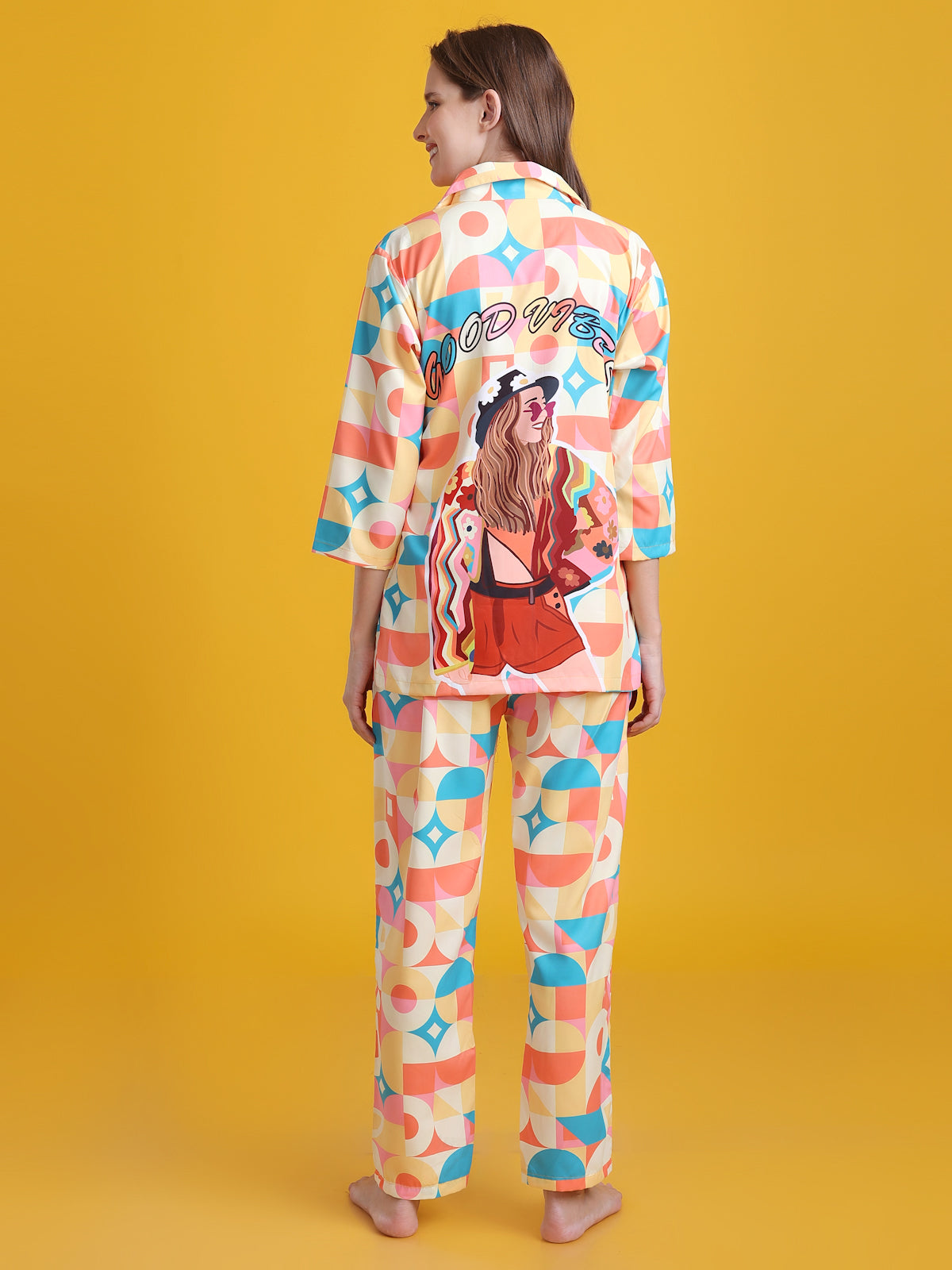 (BOGO) Sunshine Back Printed Blue Pyjama Set With Free Scrunchies