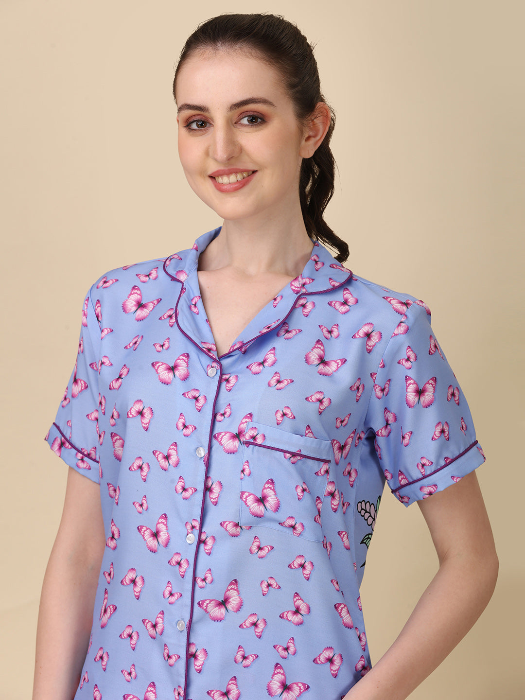 (BOGO) Butterfly Back Printed Blue Pyjama Set With Free Scrunchies