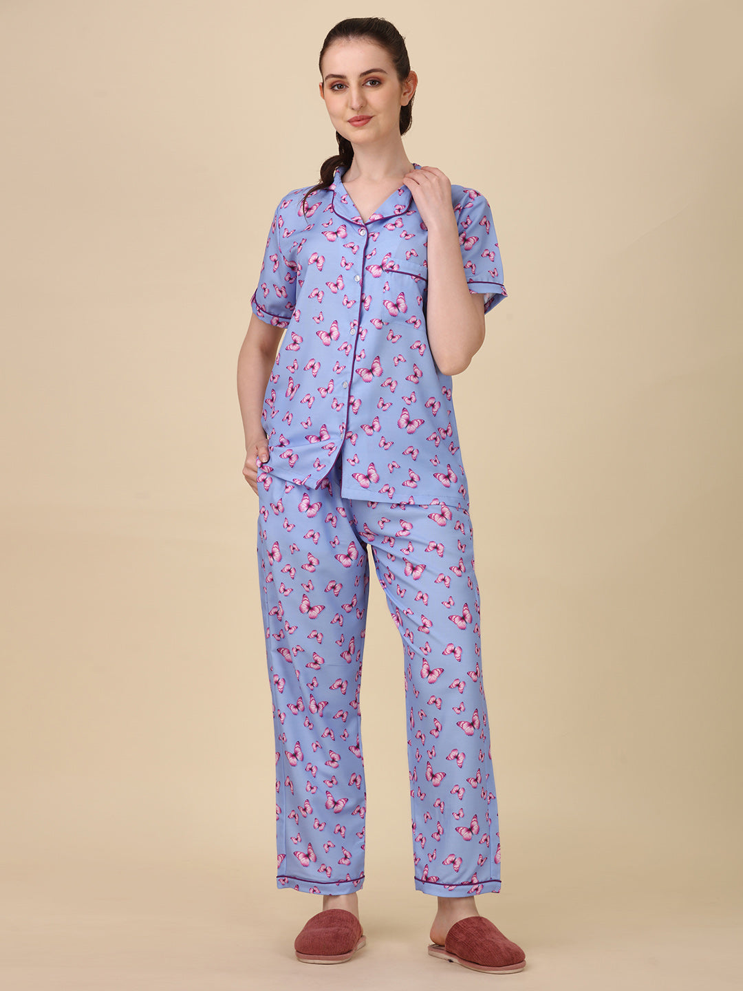 (BOGO) Butterfly Back Printed Blue Pyjama Set With Free Scrunchies