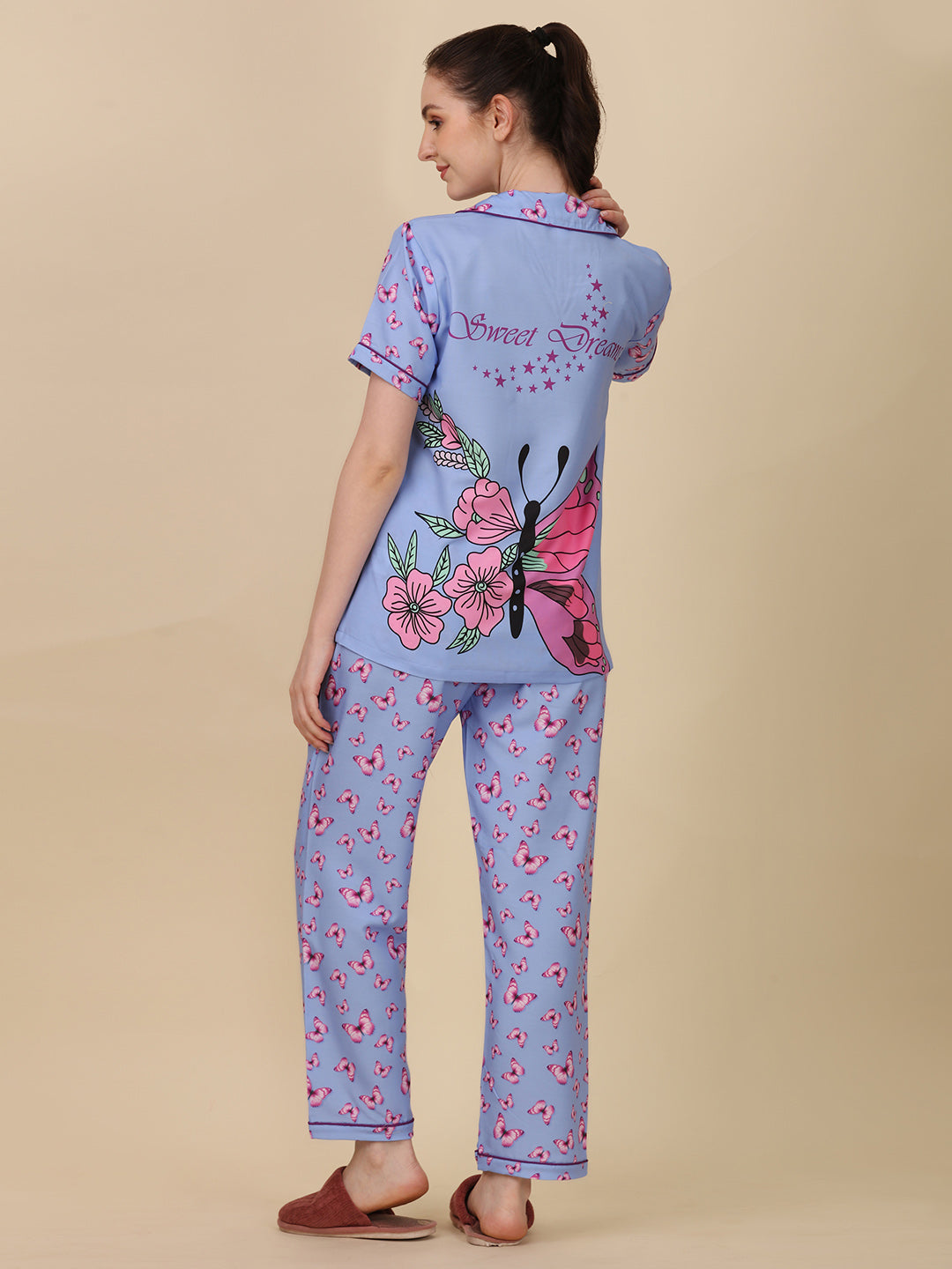 (BOGO) Butterfly Back Printed Blue Pyjama Set With Free Scrunchies
