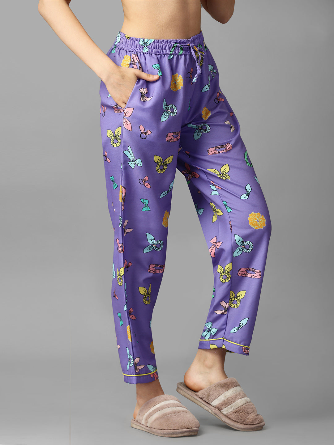 (BOGO) Happy Purple Back Printed Pyjama Set With Free Scrunchies