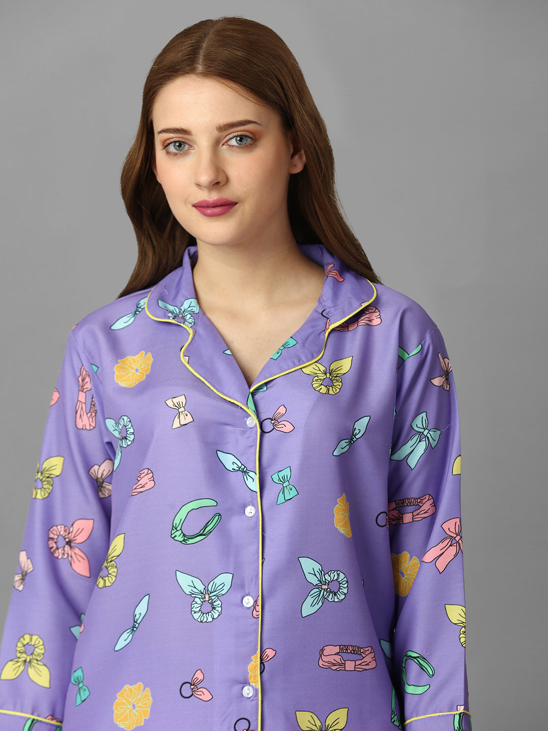 (BOGO) Happy Purple Back Printed Pyjama Set With Free Scrunchies