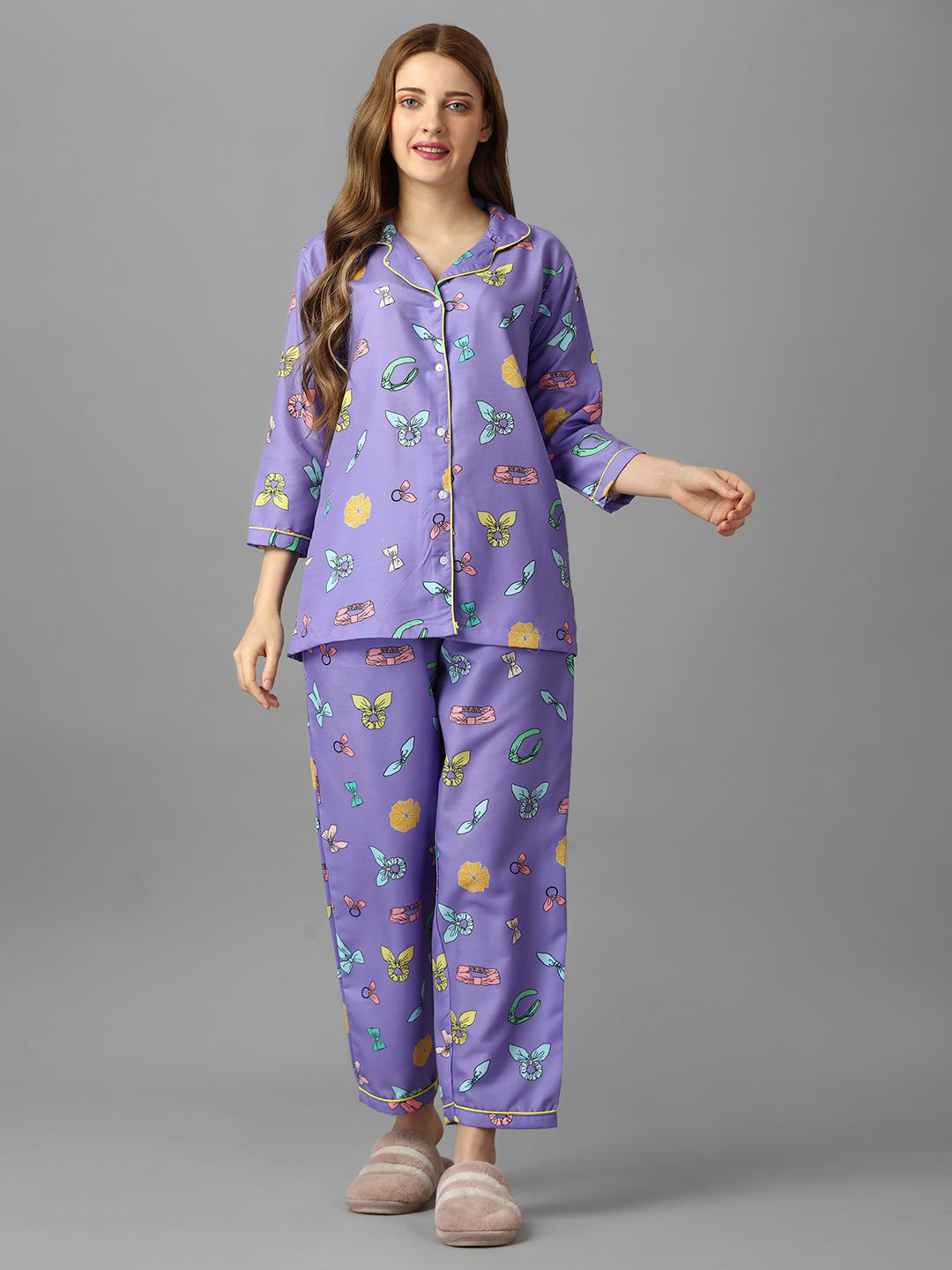 (BOGO) Happy Purple Back Printed Pyjama Set With Free Scrunchies