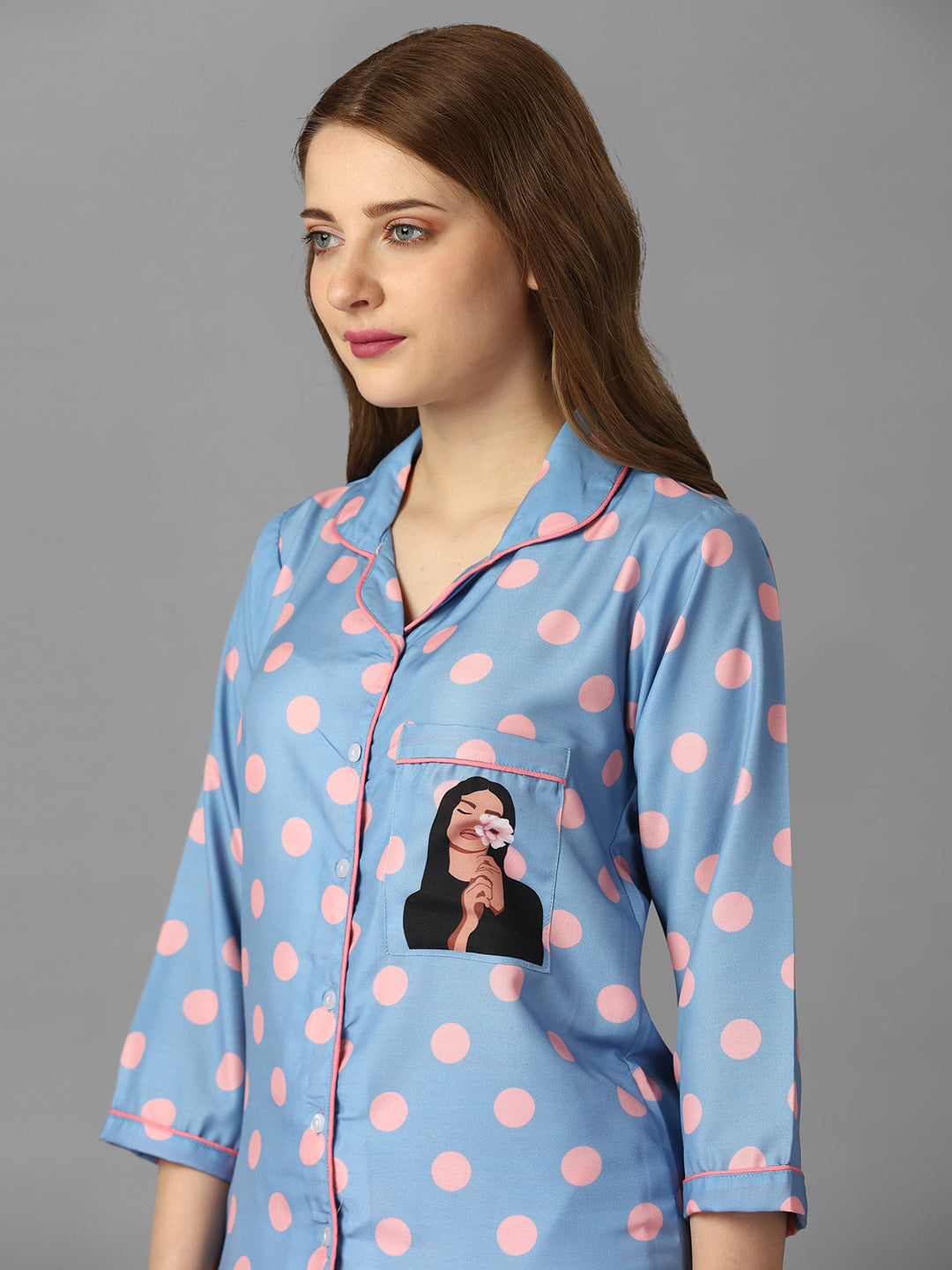 (BOGO) Pink Polka Girl Back Printed Pyjama Set With Free Scrunchies