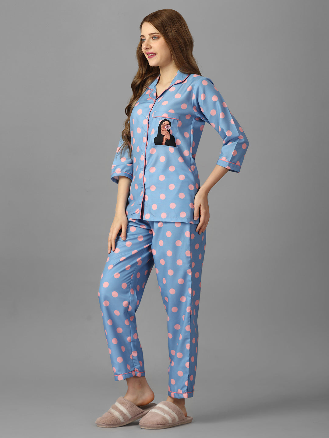 (BOGO) Pink Polka Girl Back Printed Pyjama Set With Free Scrunchies