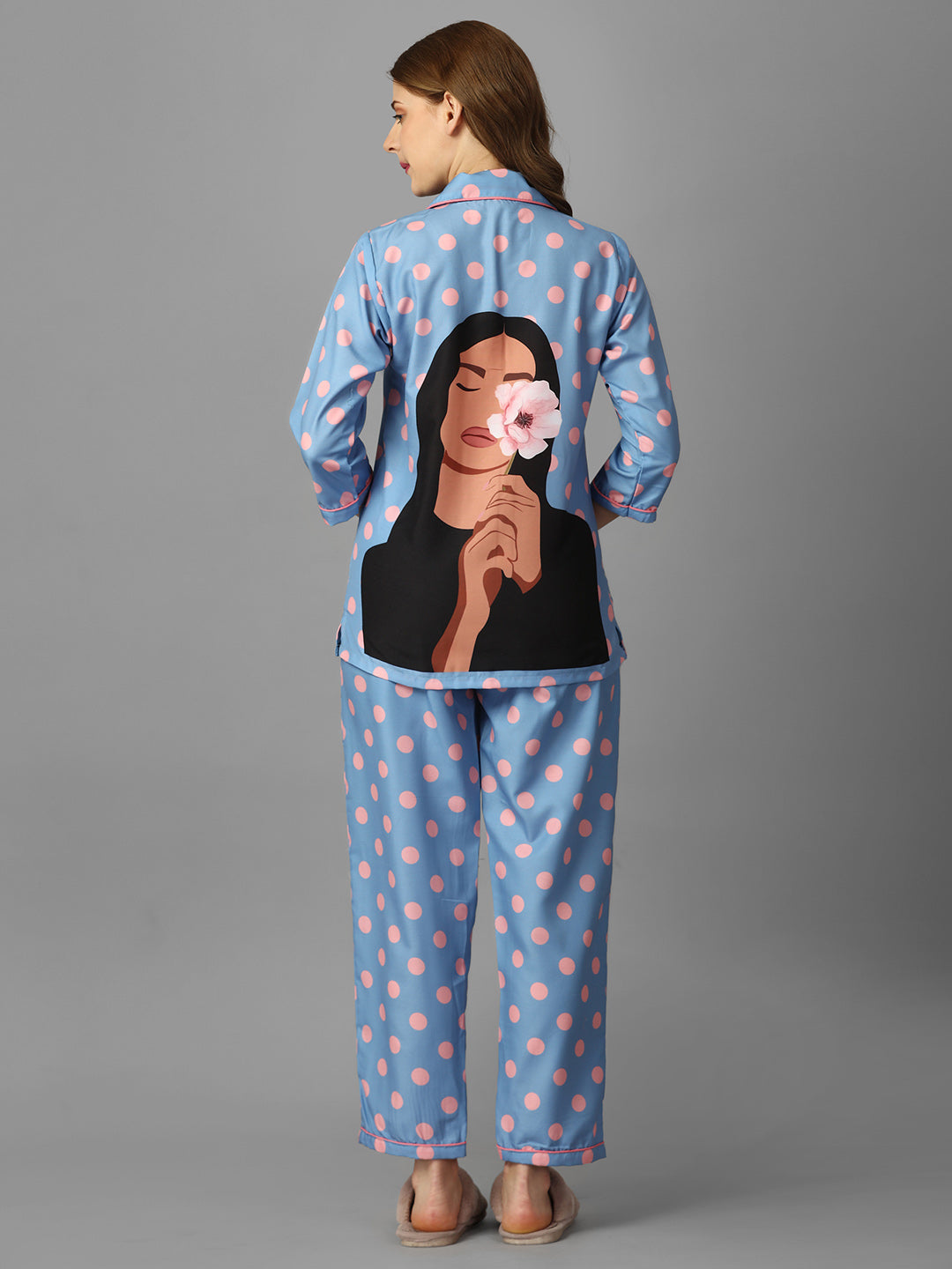 (BOGO) Pink Polka Girl Back Printed Pyjama Set With Free Scrunchies