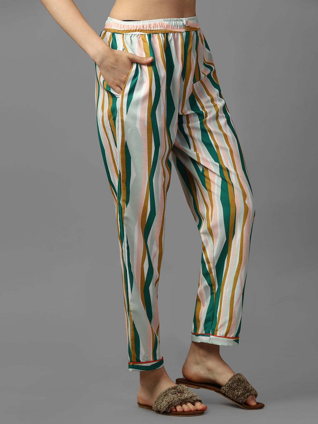 (BOGO) Boss Lady Stripes Printed Green Pyjama Set With Free Scrunchies