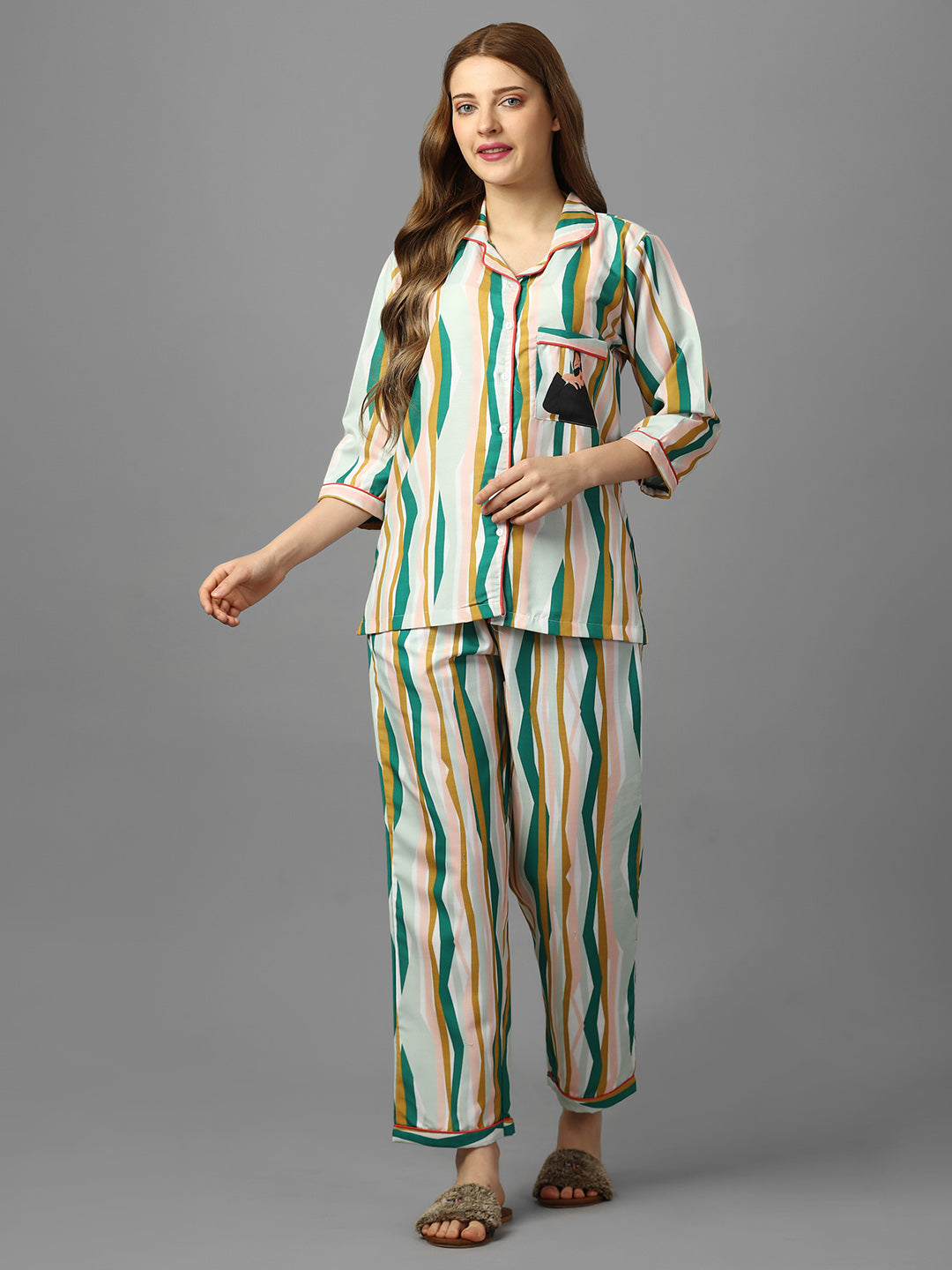(BOGO) Boss Lady Stripes Printed Green Pyjama Set With Free Scrunchies