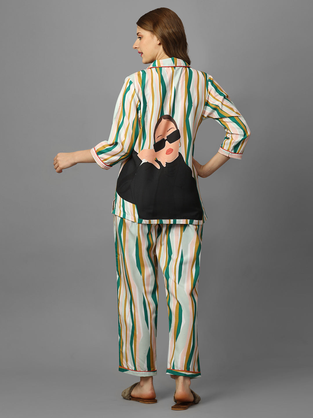 (BOGO) Boss Lady Stripes Printed Green Pyjama Set With Free Scrunchies