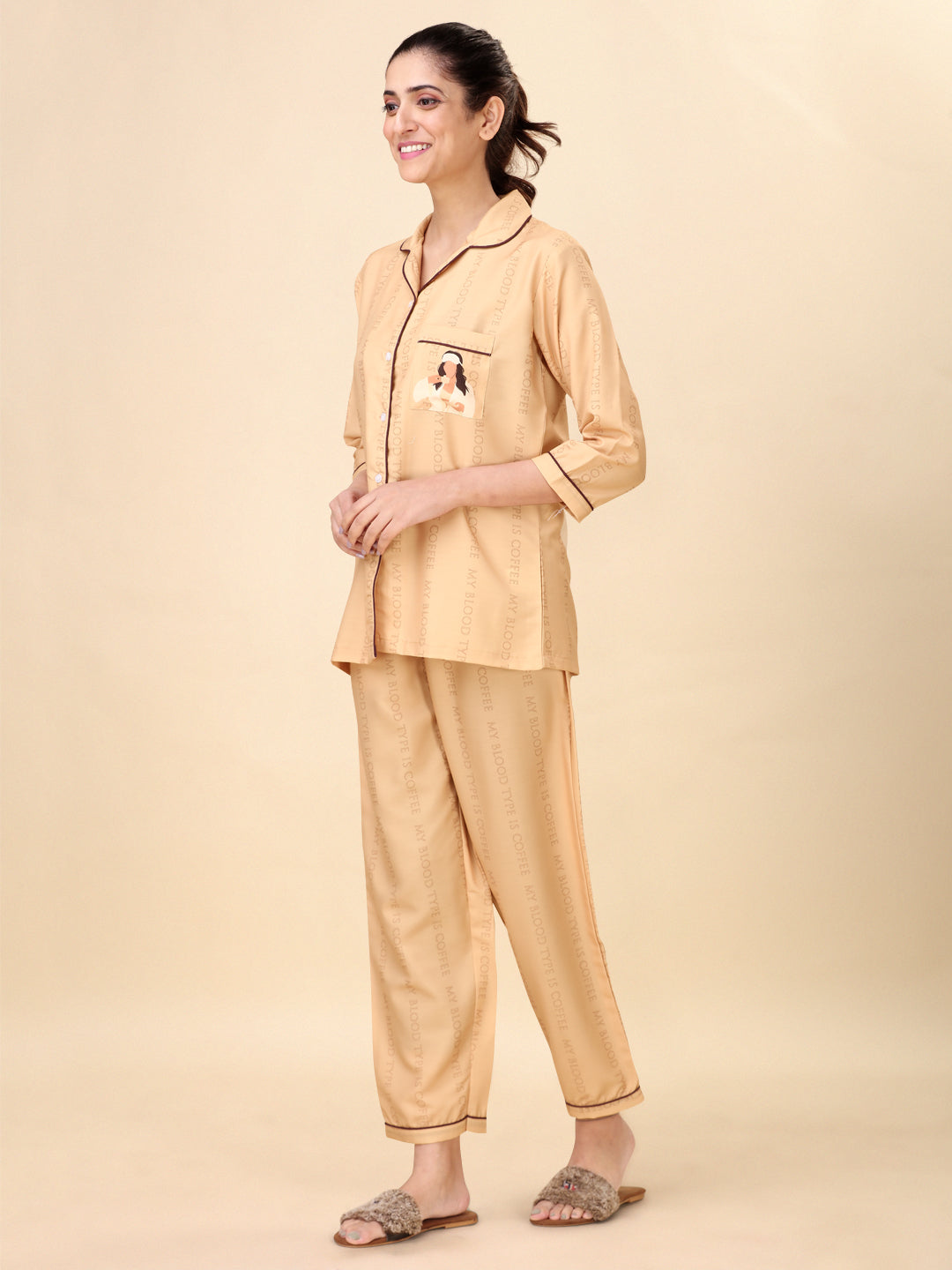 (BOGO) Coffee Lover Back Printed Pyjama Set With Free Scrunchies