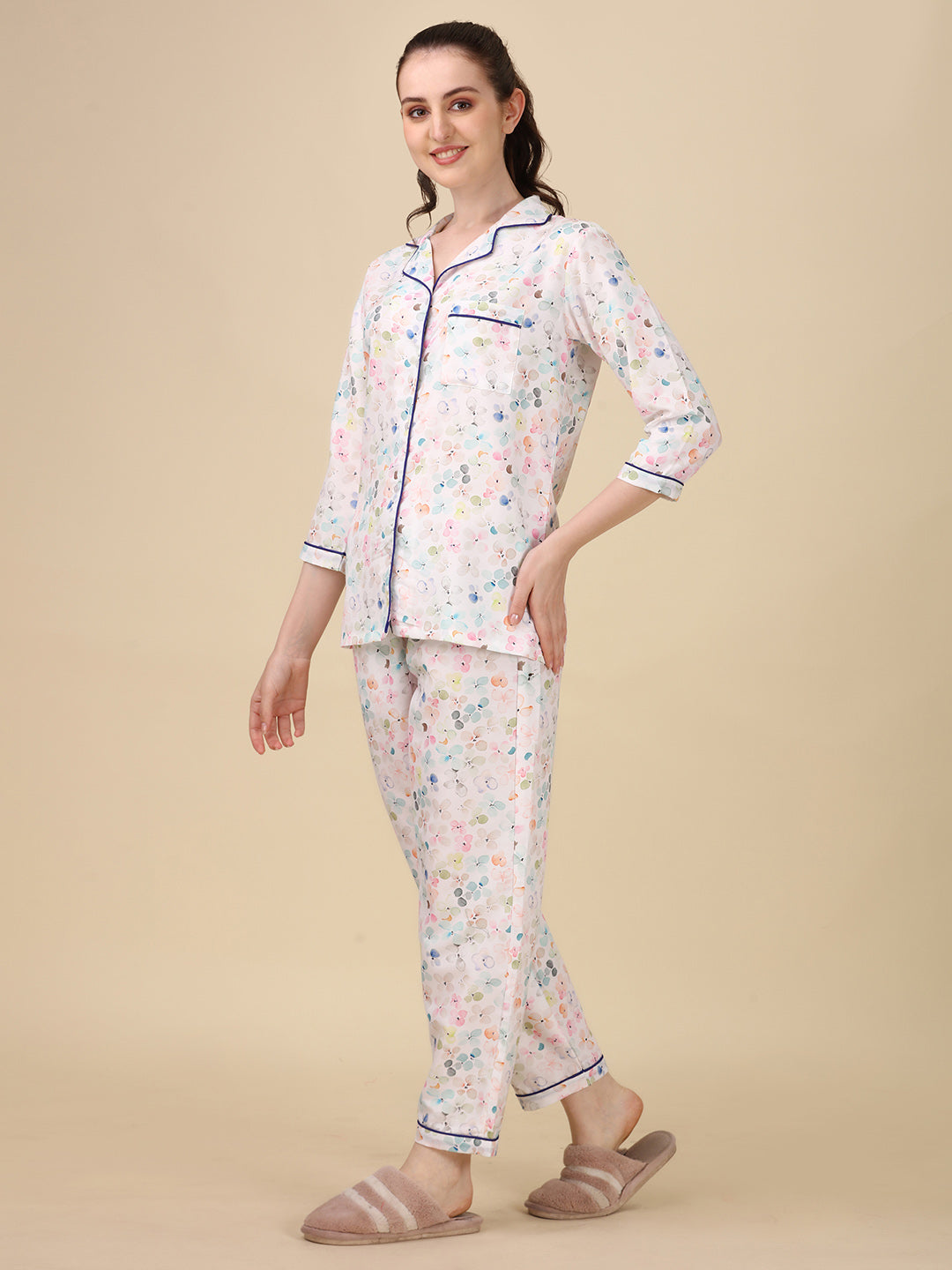 (BOGO) Florals On White Printed White Pyjama Set With Free Scrunchies