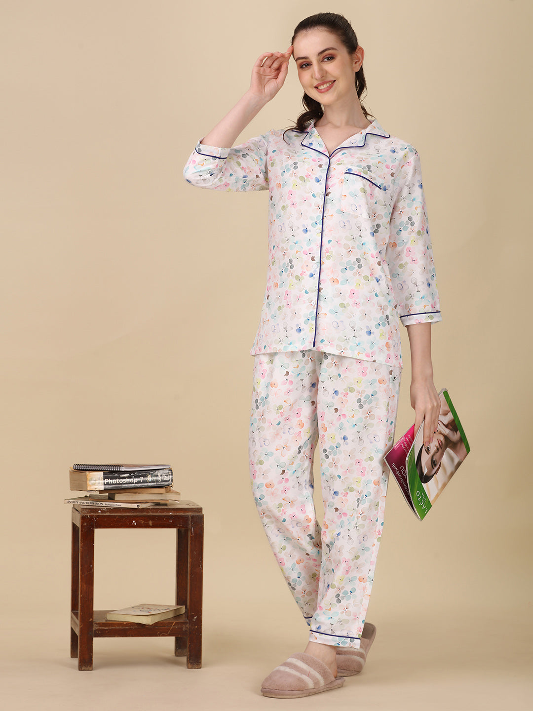 (BOGO) Florals On White Printed White Pyjama Set With Free Scrunchies