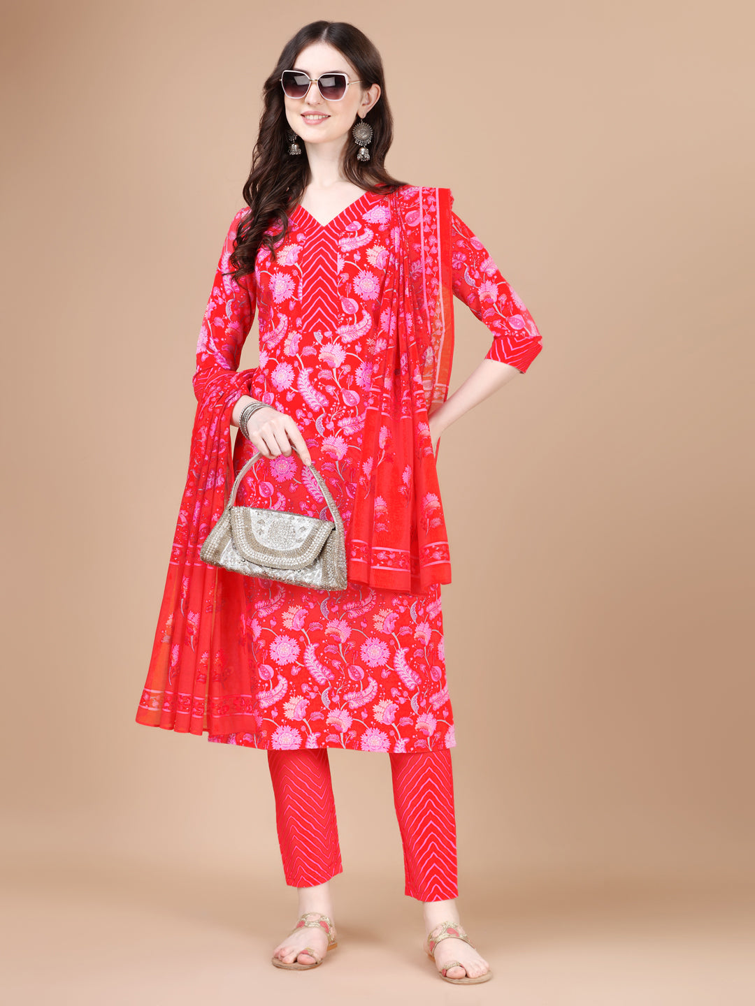 Red Printed Rayon Digital Printed Straight Kurta With Dupatta (Red)