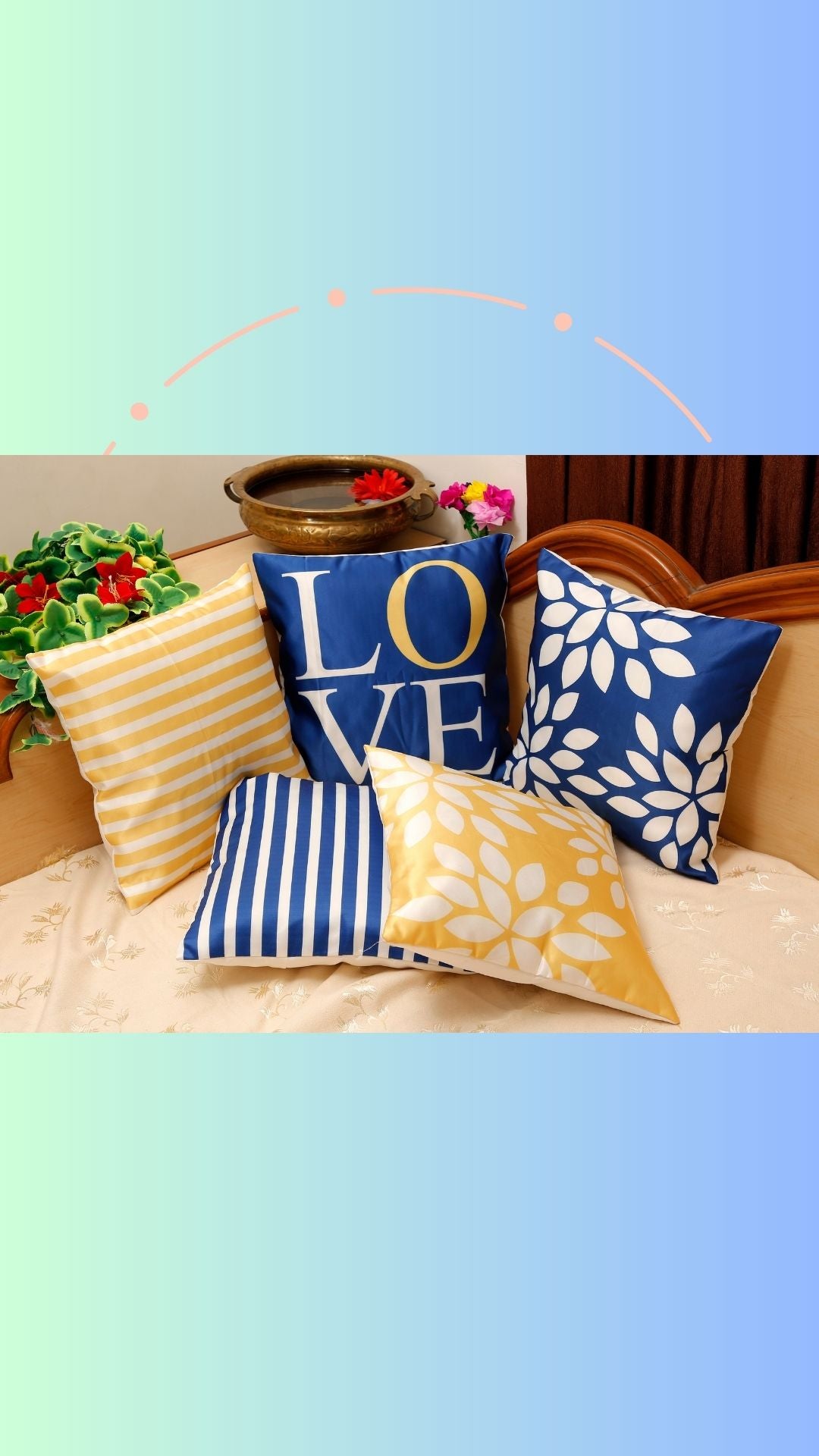 Lapis Beautiful Blue And Yellow Print Satin Cushion Cover, Set Of 5